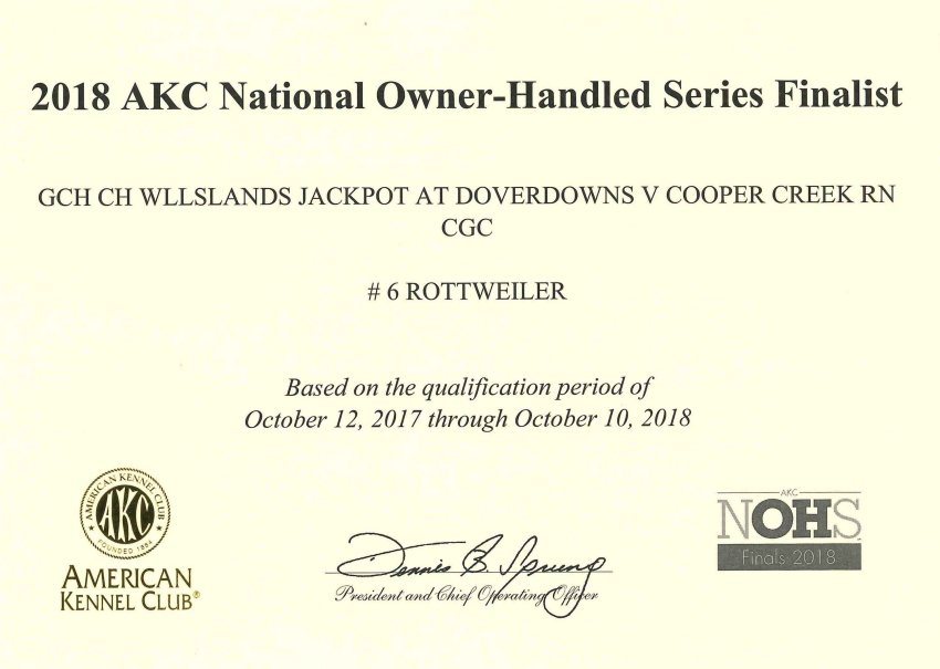 National Owner Handled Series Finalists - Wllslands Mehatable Downz CD RE TT HIT CGC Can P-CD - Click for Larger View