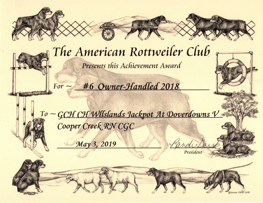 Dovers 2019 ARC Achievement Award certificate - Wllslands Mehatable Downz CD RE TT HIT CGC Can P-CD - Click for Larger View